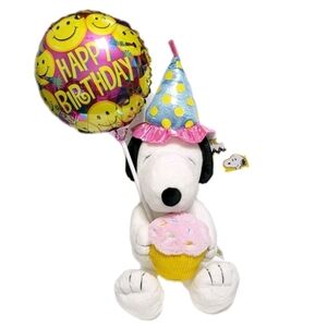 Snoopy Birthday Cupcake & Party Hat Plushie and + Birthday Balloon - 12 Inch